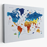 Harita Sepeti Türkçe Dünya Haritası Kanvas Tablo Ülke Başkentli ve Ünlü Yerler Sembollü 2640