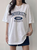 Kadın Tişört Baskılı Uzun T-shirt Pamuklu Oversize Tişört UNIVERSİTY-KADIN
