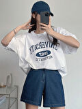 Kadın Tişört Baskılı Uzun T-shirt Pamuklu Oversize Tişört UNIVERSİTY-KADIN