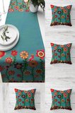 Pelangi Yaz Evi Desenli Patchwork Masa Değişik Ranır Modelleri Dekoratif 4'lü Kırlent Kılıfı Runner Seti, Kiremit 45 x 45