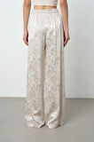 Kadın Bej Renk Çiçek Desenli Bol Paça Beli Lastikli Pantolon