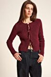 Regular Fit Bisiklet Yaka Bağlamalı Basic Düz Triko Bordo Hırka