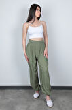 Olive Etnik Desenli Kadın Şalvar Yoga Pantolonu %100 Viskon Çift Cepli - 2460