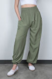 Olive Etnik Desenli Kadın Şalvar Yoga Pantolonu %100 Viskon Çift Cepli - 2460