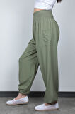 Olive Etnik Desenli Kadın Şalvar Yoga Pantolonu %100 Viskon Çift Cepli - 2460