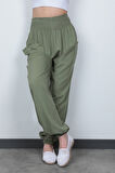 Olive Etnik Desenli Kadın Şalvar Yoga Pantolonu %100 Viskon Çift Cepli - 2460