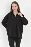 Kadın Siyah Uzun Kollu Basic Pamuklu Oversize Gömlek - 3900