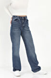 Kadın Straight Fit Jean Likrasız Yüksek Bel %100 Pamuk Kimyasal Mavi Kar Yıkama - 591-2210