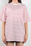 Şeker Pembe Süprem Bisiklet Yaka Çizgili Kadın T-Shirt %100 Pamuk - 24805