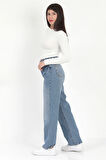 Kadın Straight Fit Jean Kemer Detaylı Yüksek Bel %100 Pamuk Mavi Kar Yıkama - 672-2442