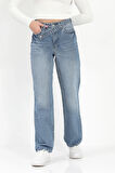 Kadın Straight Fit Jean Kemer Detaylı Yüksek Bel %100 Pamuk Mavi Kar Yıkama - 672-2442