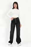Kadın Palazzo Jean Siyah Likralı Düğmeli Yüksek Bel Pamuklu Kot Pantolon - 607-2472