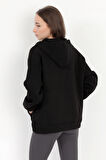 Kadın Siyah 3 İplik Şardonlu Pamuk Karışım Yan Cepli Lastikli Kol Yarım Fermuarlı Kapüşonlu Sweatshirt - 2521