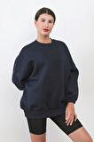 Kadın Oversize Lacivert Sweatshirt Pamuk Karışım Bisiklet Yaka Ribanalı Lastikli Kol Detay - 2573