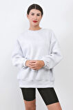 Kadın Oversize Kar Melanj Sweatshirt Pamuk Karışım Bisiklet Yaka Ribanalı Lastikli Kol Detay - 2573