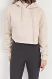 Kadın Bej Kapüşonlu Ribana Detaylı Üç İp Oversize Crop Sweatshirt Hoodie - 2543