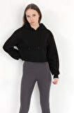 Kadın Siyah Kapüşonlu Ribana Detaylı Üç İp Oversize Crop Sweatshirt Hoodie - 2543