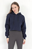 Kadın Lacivert Kapüşonlu Ribana Detaylı Üç İp Oversize Crop Sweatshirt Hoodie - 2543