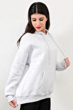 Kadın Kapüşonlu Oversize Sweatshirt Üç İplik Kanguru Cepli Kar Melanj Hoodie - 2502