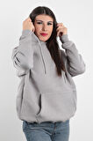 Kadın Kapüşonlu Oversize Sweatshirt Üç İplik Kanguru Cepli Gri Hoodie - 2502