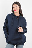 Kadın Kapüşonlu Oversize Sweatshirt Üç İplik Kanguru Cepli Lacivert Hoodie - 2502