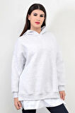 Kar Melanj Kadın Oversize Kapüşonlu Sweatshirt Eteği T-Shirt Katman Detaylı Ribanalı Hoodie - 2520