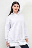 Kar Melanj Kadın Oversize Kapüşonlu Sweatshirt Eteği T-Shirt Katman Detaylı Ribanalı Hoodie - 2520