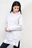 Kar Melanj Kadın Oversize Kapüşonlu Sweatshirt Eteği T-Shirt Katman Detaylı Ribanalı Hoodie - 2520