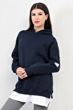Lacivert Kadın Oversize Kapüşonlu Sweatshirt Eteği T-Shirt Katman Detaylı Ribanalı Hoodie - 2520