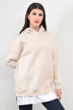 Kadın Oversize Kapüşonlu Sweatshirt Eteği T-Shirt Katman Detaylı Ribanalı Bej Hoodie - 2520