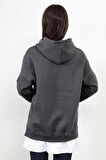 Füme Kadın Oversize Kapüşonlu Sweatshirt Eteği T-Shirt Katman Detaylı Ribanalı Hoodie - 2520