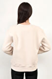 Bej Kadın Basic Sweatshirt Yakası V Rabina Detaylı Üç İplik Pamuk Karışımlı - 2574