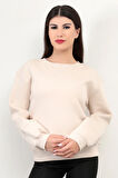 Bej Kadın Basic Sweatshirt Yakası V Rabina Detaylı Üç İplik Pamuk Karışımlı - 2574