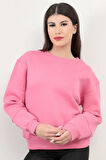 Pembe Kadın Basic Sweatshirt Yakası V Rabina Detaylı Üç İplik Pamuk Karışımlı - 2574