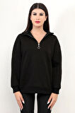Kadın Oversize Sweatshirt Sırtı Şerit Detaylı Üç İplik Yarım Fermuar Dik Yaka Siyah - 25113