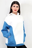 Kadın Kapüşonlu Oversize Beyaz Sweatshirt Mavi Garnili Üç İplik Yan Cepli Hoodie - 2598
