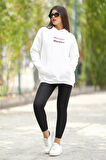 Beyaz Kapüşonlu Oversize Kadın Sweatshirt Mioceno Baskılı Pamuk Karışımlı Hoodie - 25100