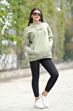 Haki Yeşil Kadın Oversize Kapüşonlu Sweatshirt Üç İplik Kanguru Cepli Baskılı Hoodie - 25110