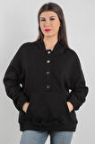 Oversize Kadın Kapüşonlu Sweatshirt Yarım Çıtçıt Kapama Kanguru Cep Siyah Hoodie - 2591