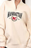 Bej Manhattan Pamuk Karışımlı Yarım Fermuar Dik Yaka Kadın Oversize Sweatshirt - 9012