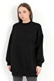 Kadın Siyah Üç İplik Pamuklu Ribanalı Bisiklet Yaka Oversize Sweatshirt - 2523