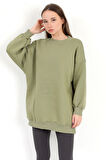 Kadın Yeşil Üç İplik Pamuklu Ribanalı Bisiklet Yaka Oversize Sweatshirt - 2523