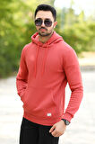 Kiremit Rengi Erkek Kapüşonlu Sweatshirt Kanguru Cepli Pamuk Karışımlı Oversize Hoodie - 5281