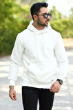 Beyaz Erkek Kapüşonlu Sweatshirt Kanguru Cepli Pamuk Karışımlı Oversize Hoodie - 5281