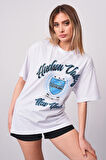 Eskitme Baskılı O Yaka Oversize %100 Pamuk Beyaz Kadın T-Shirt - 23114