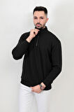 Erkek Dik Yaka Yarım Fermuarlı Dokulu Sweatshirt Siyah - 5470
