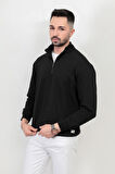 Erkek Dik Yaka Yarım Fermuarlı Dokulu Sweatshirt Siyah - 5470