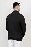 Erkek Dik Yaka Yarım Fermuarlı Dokulu Sweatshirt Siyah - 5470