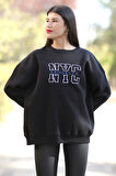 Kadın Oversize Sweatshirt Siyah NYC Brooklyn Nakışlı Bisiklet Yaka Ribanalı - 9004