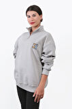 Kadın Oversize Gri Sweatshirt Çift Kedi Nakışlı Dik Yaka Yarım Fermuar Ribanalı Pamuk Karışımlı - 10003